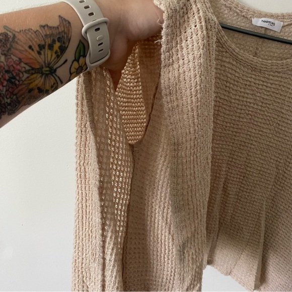Hashtag OS tan Cream Knit Distressed Coastal Cropped Sweater Shirt fits S/M - Picture 6 of 6